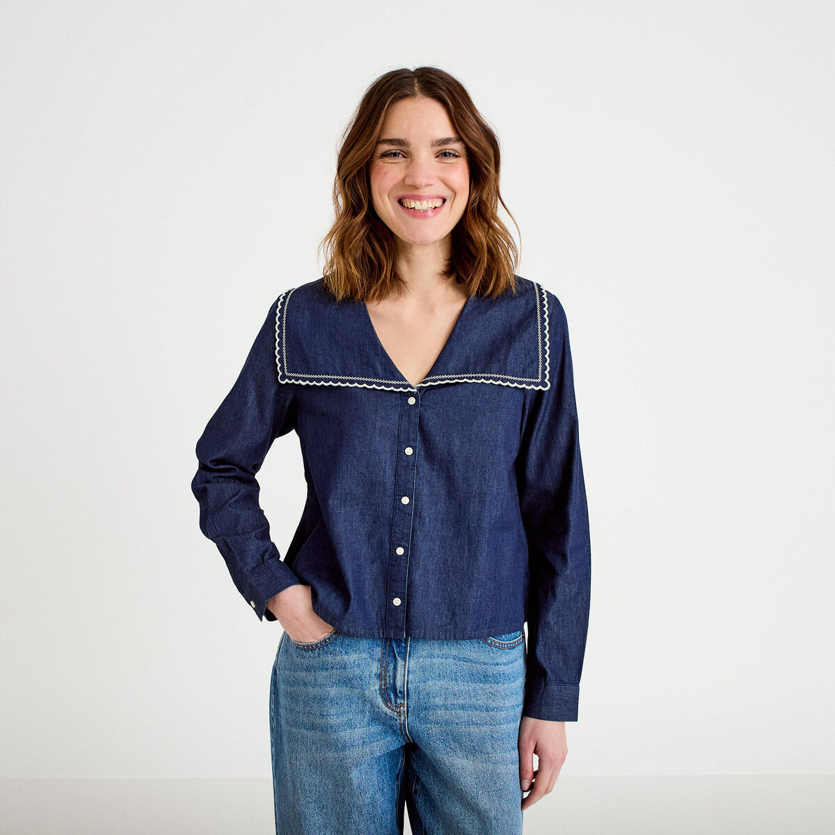 Chemise col marin denim double stone femme