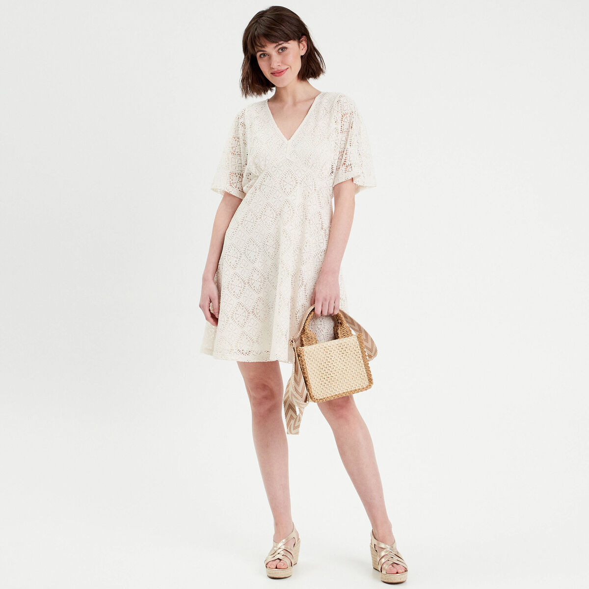 Robe &eacute;vas&eacute;e dentelle ecru femme