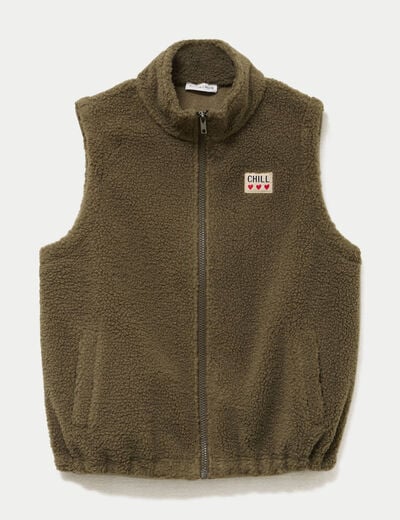 Veste sans manches col montant bouclette vert kaki femme