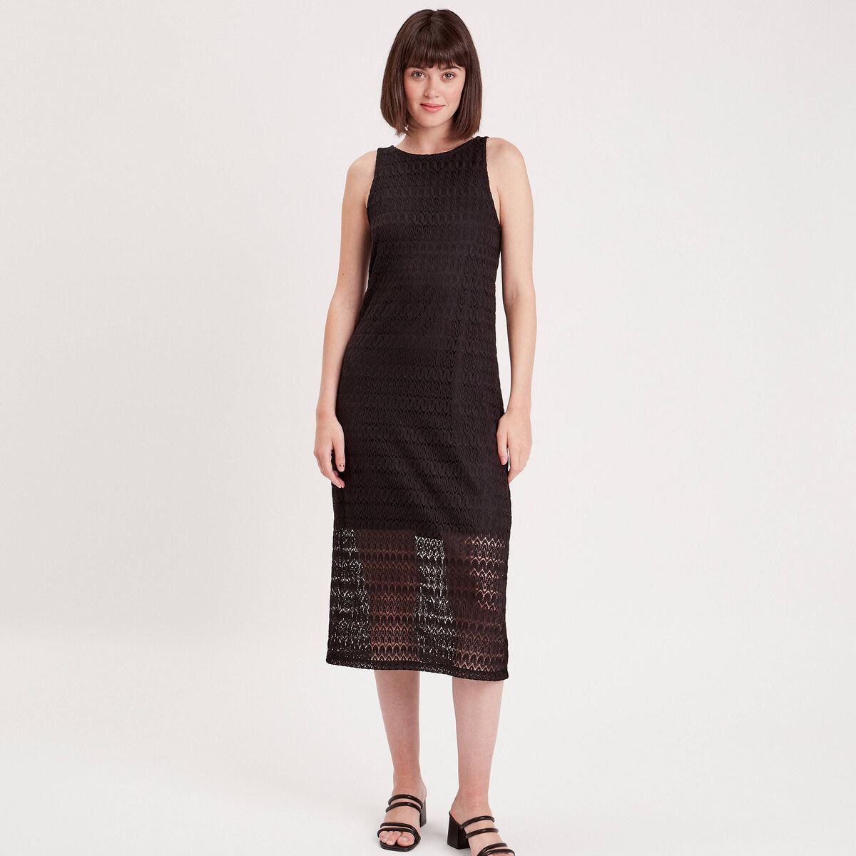 Robe longue droite ajour&eacute;e noir femme