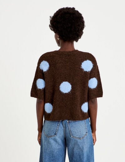 Pull col rond manches courtes marron fonc&eacute; femme