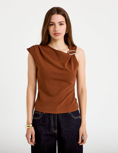 Top asym&eacute;trique d&eacute;tail bijou marron femme