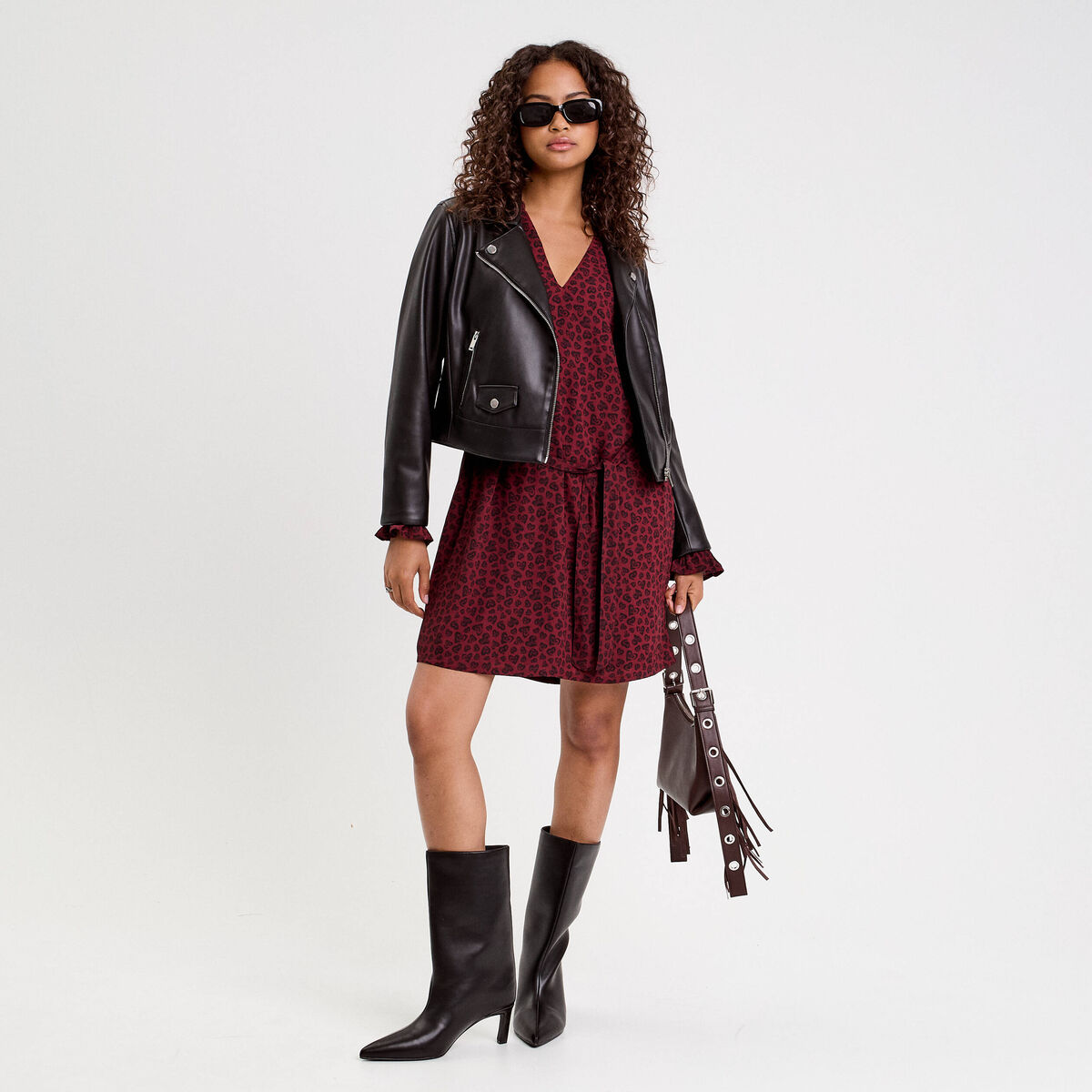 Robe droite ceintur&eacute;e rouge fonc&eacute; femme