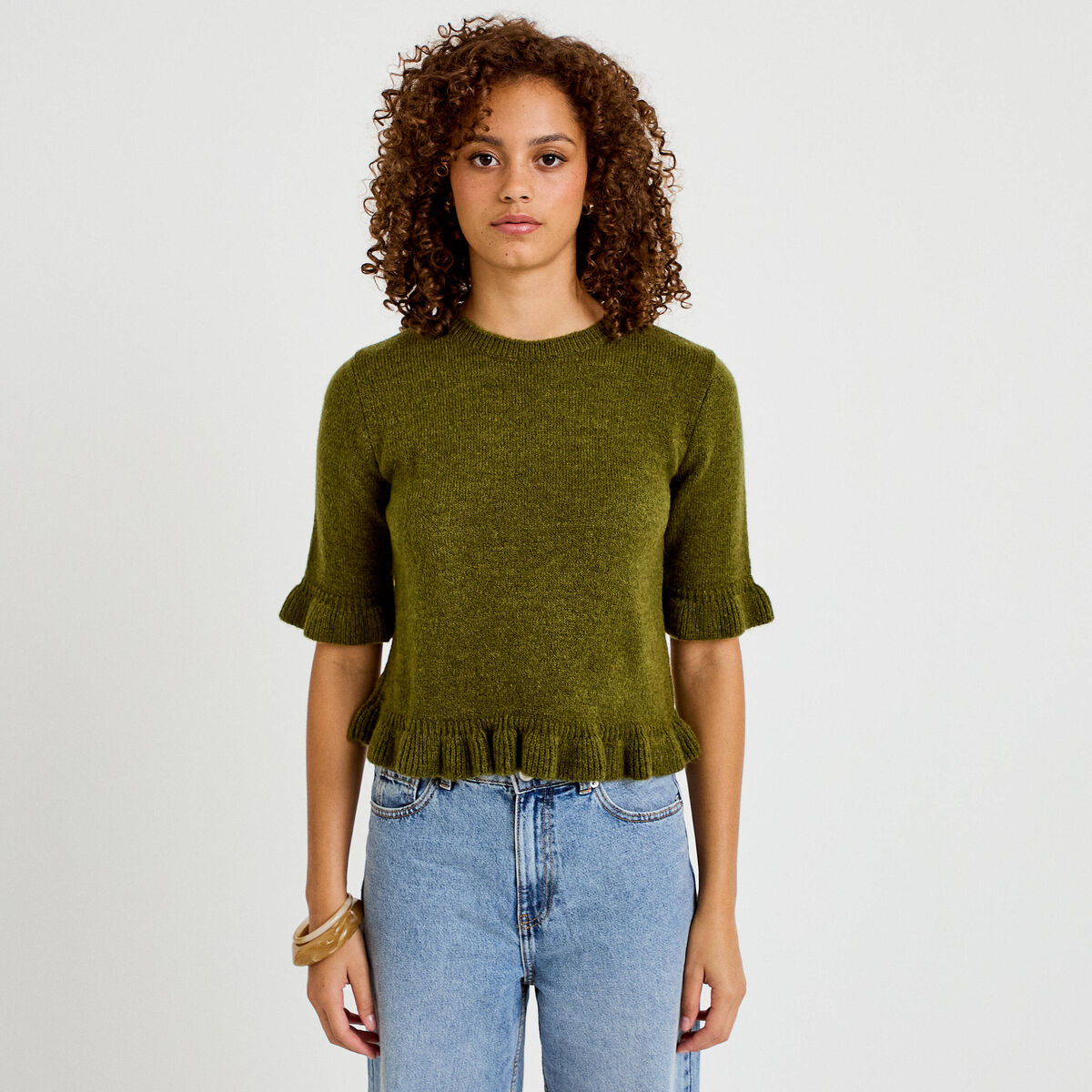Pull col rond manches courtes vert fonc&eacute; femme