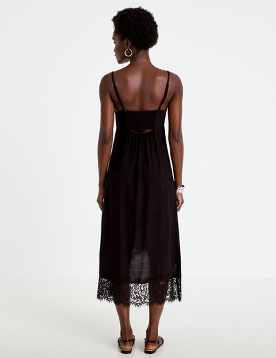 Robe droite col v en dentelle noir femme