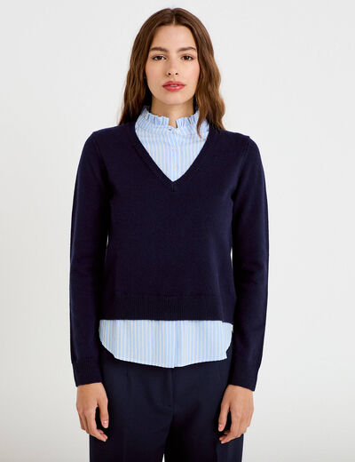 Pull 2-en-1 chemise bleu marine femme