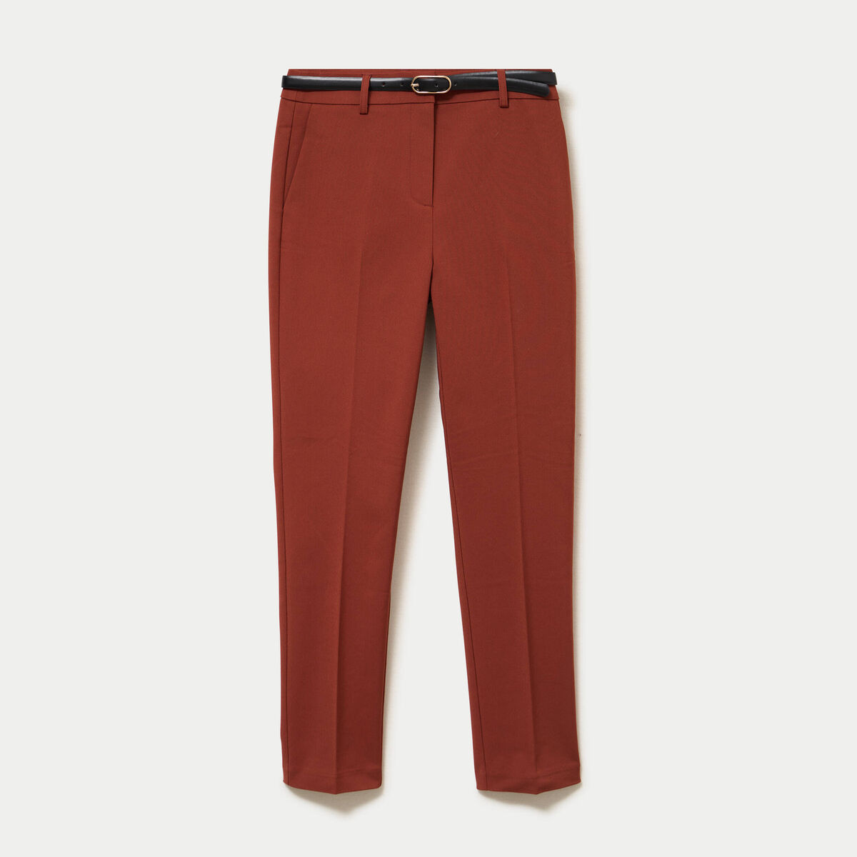 Pantalon cigarette ceintur&eacute; marron cognac femme