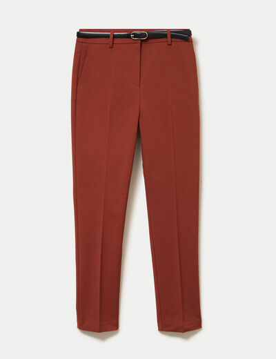 Pantalon cigarette ceintur&eacute; marron cognac femme