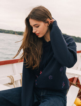 Sweat &agrave; capuche brod&eacute; manches longues bleu femme
