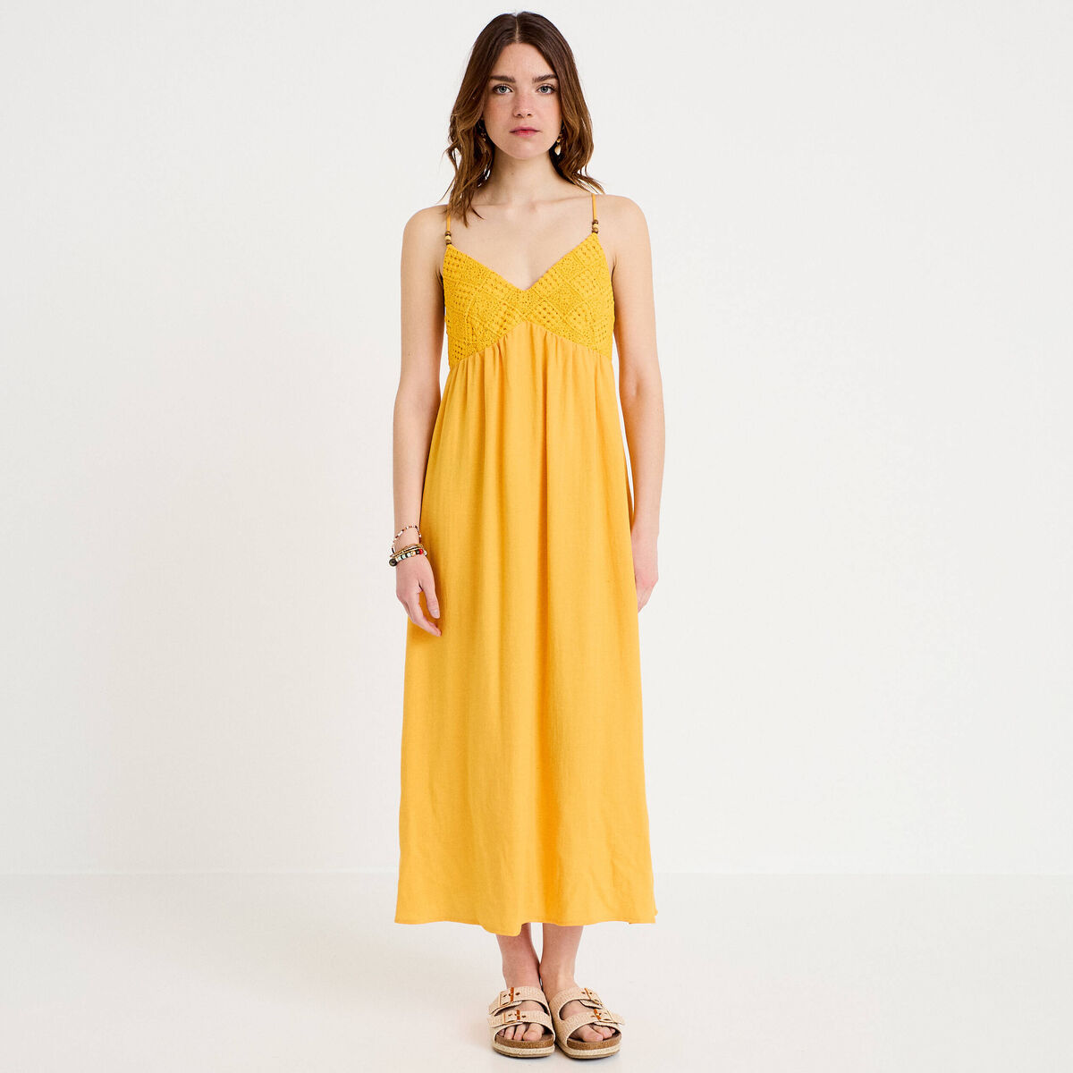 Robe bi-mati&egrave;re col v bretelles fines orange clair femme