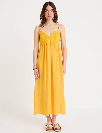 Robe bi-mati&egrave;re col v bretelles fines orange clair femme