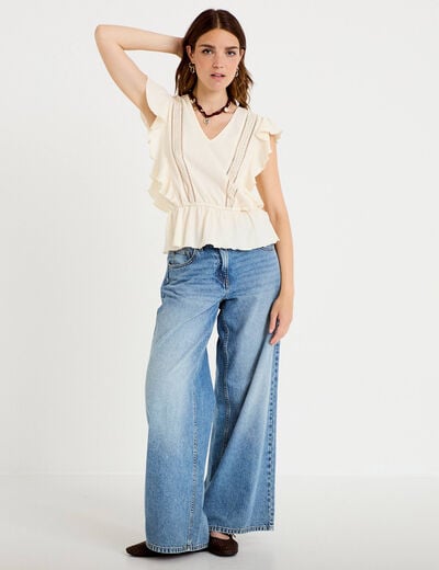 Blouse col rond manches courtes dentelle ecru femme