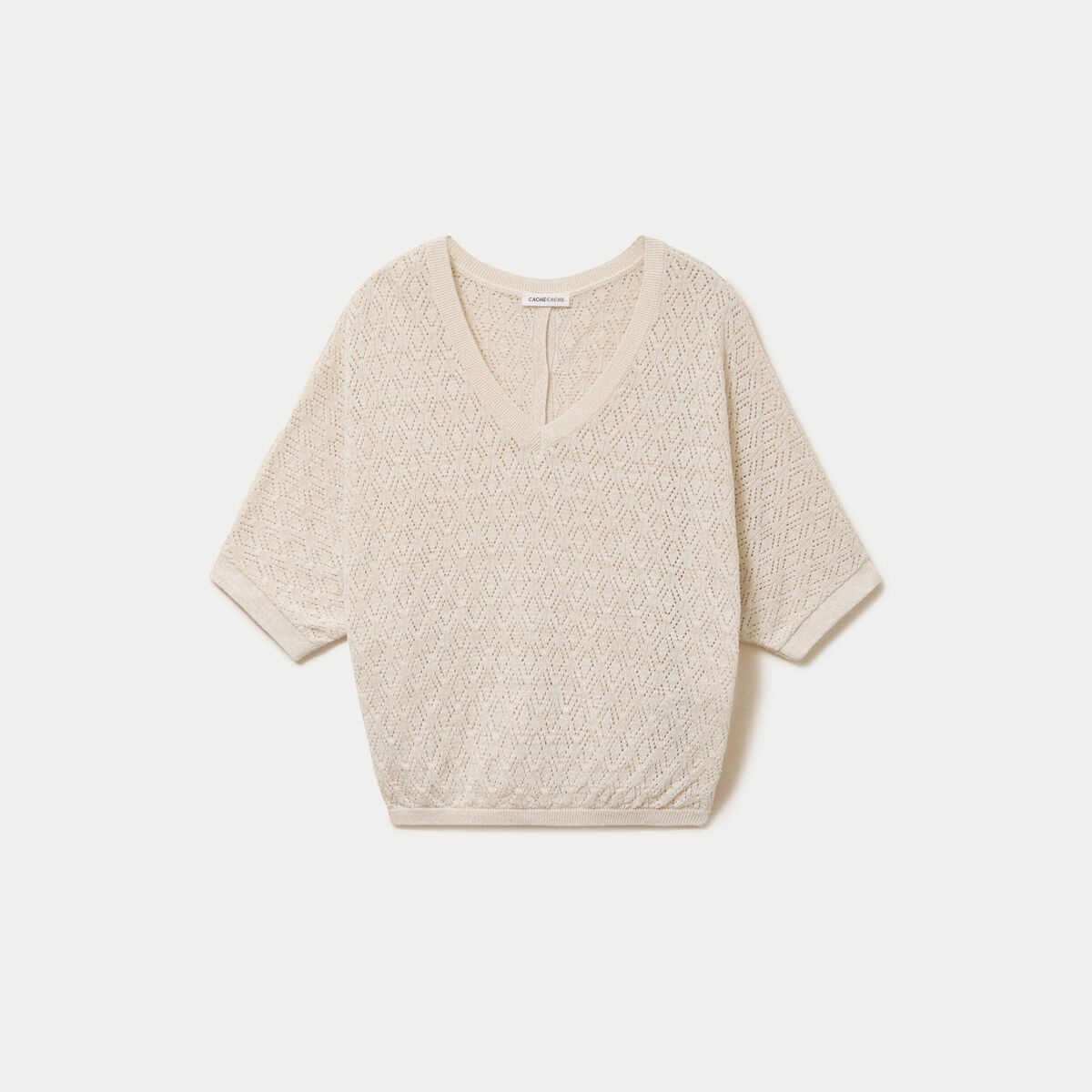 Pull ajour&eacute; col v manches courtes ecru femme
