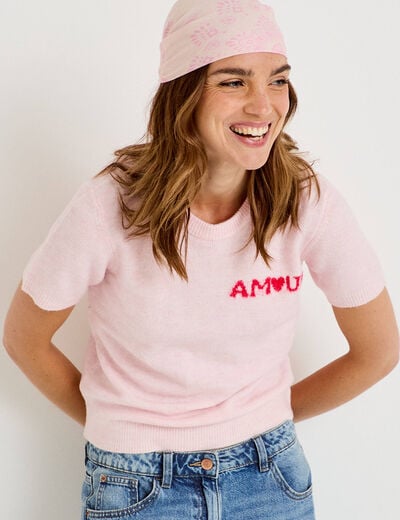 Pull ample manches courtes rose clair femme