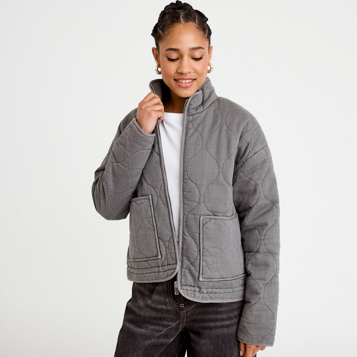 Veste matelass&eacute;e zipp&eacute;e gris clair femme