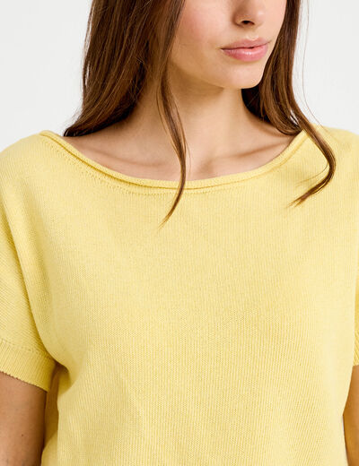 Pull ample cropped manches courtes jaune pastel femme