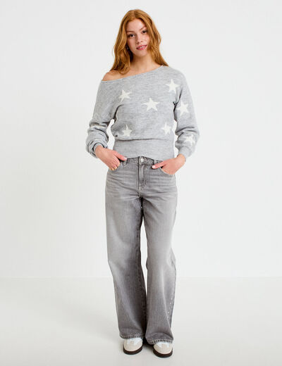 Pull col bateau manches longues gris clair femme