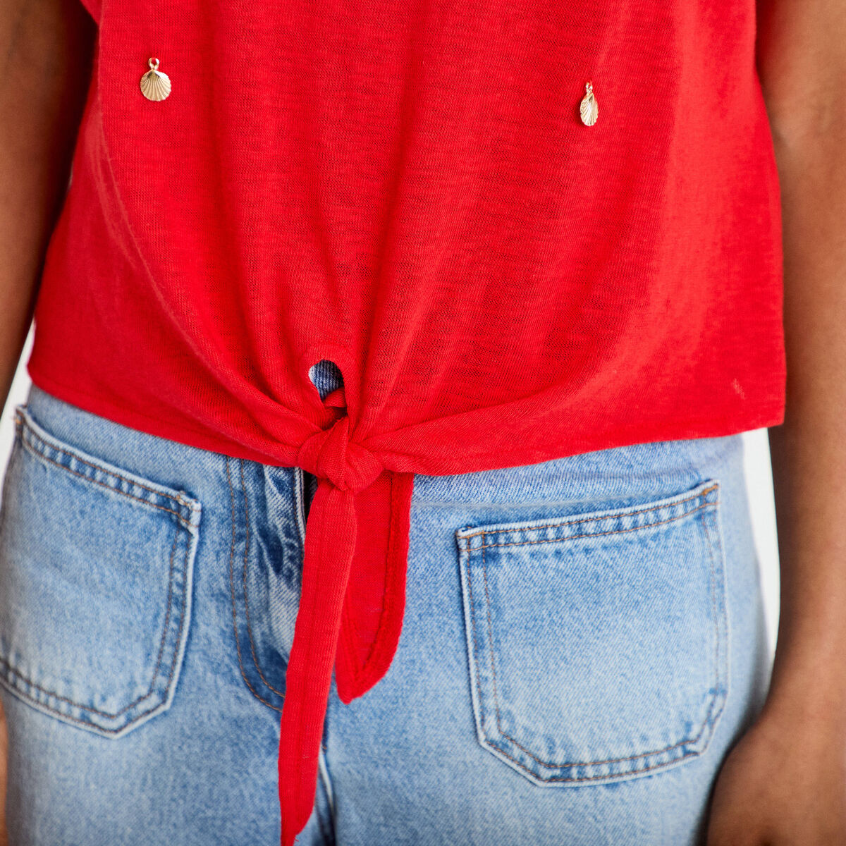 T-shirt col rond manches courtes noeuds rouge femme