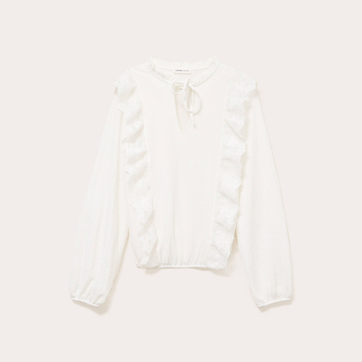 Blouse col mao bas resserr&eacute; dentelle ecru femme