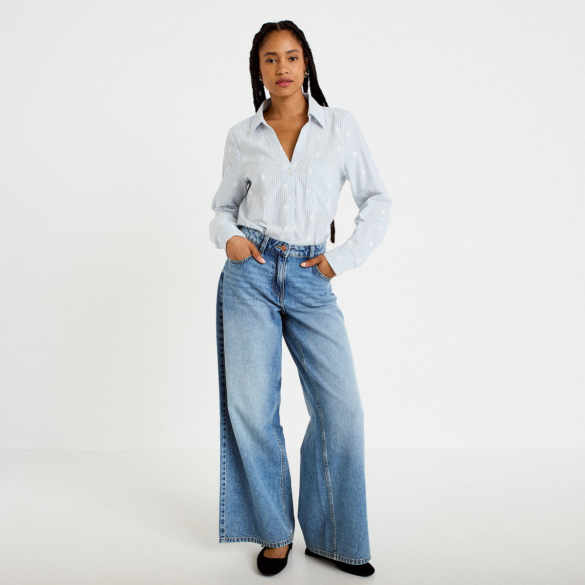 Chemise droite manches longues bleu clair femme