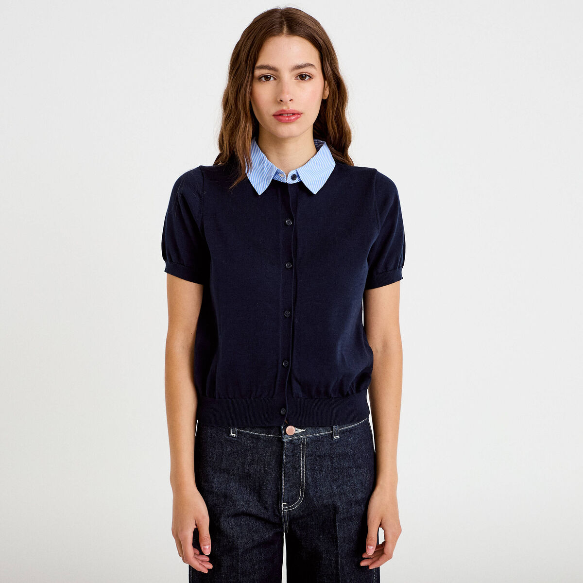 Polo col chemise manches courtes bleu marine femme