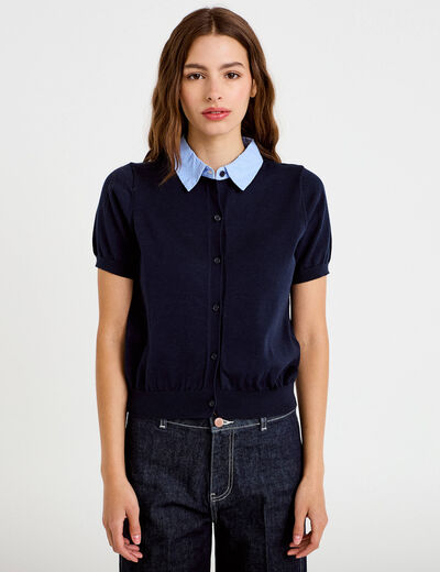 Polo col chemise manches courtes bleu marine femme