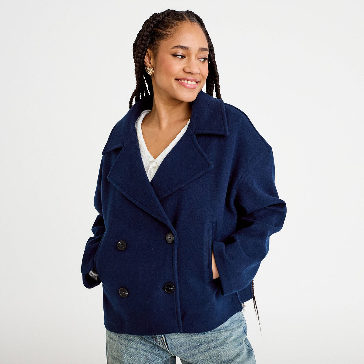 Caban court oversize col tailleur bleu marine femme