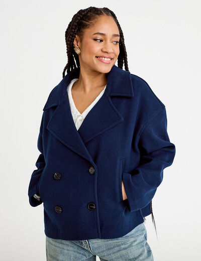 Caban court oversize col tailleur bleu marine femme