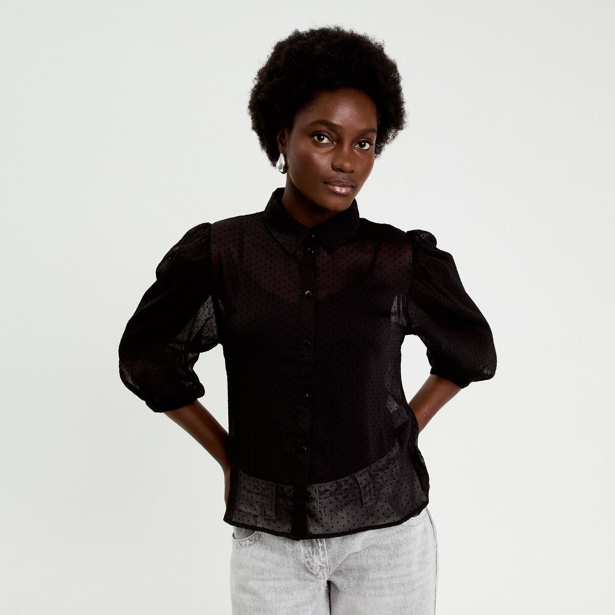 Chemise droite courte voile manches 3/4 noir femme