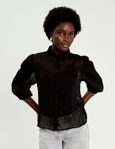 Chemise droite courte voile manches 3/4 noir femme
