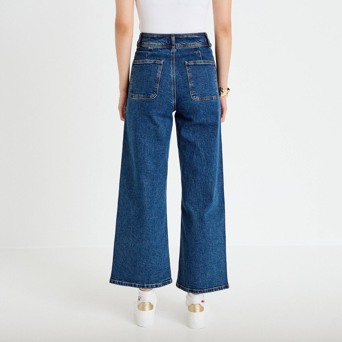 Jean wide leg cropped taille haute denim stone femme