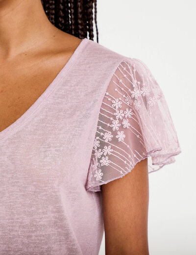 T-shirt manches dentelle parme femme