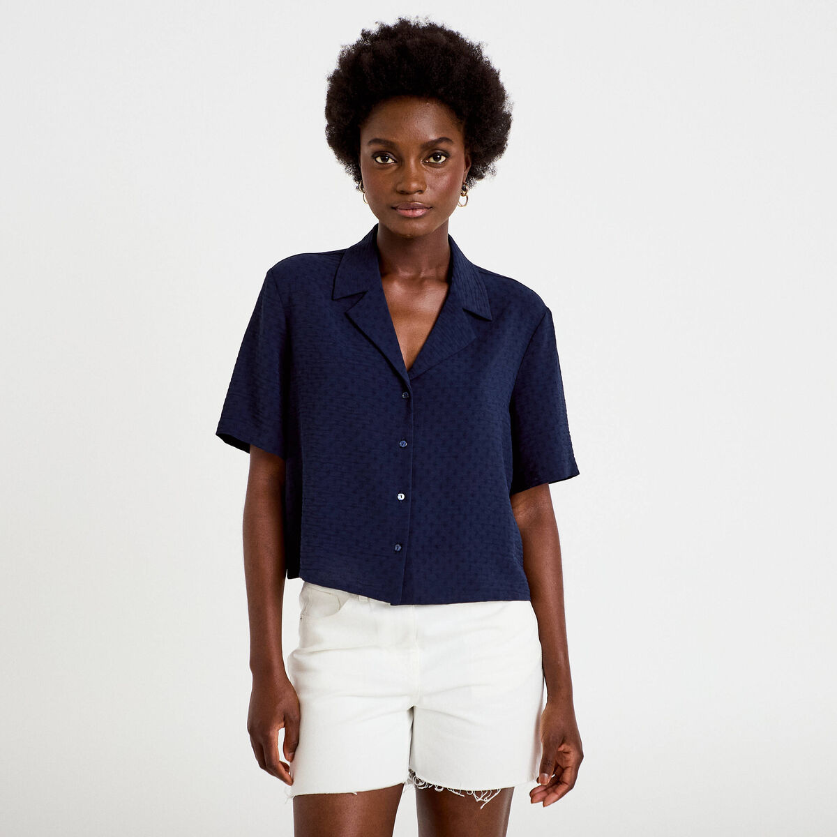 Chemise droite cropped col classique bleu marine femme