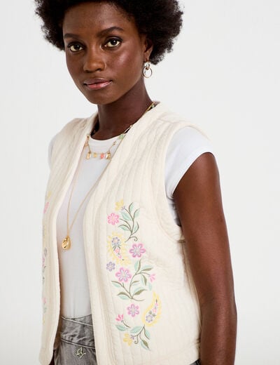 Gilet droit sans manches col rond ecru femme