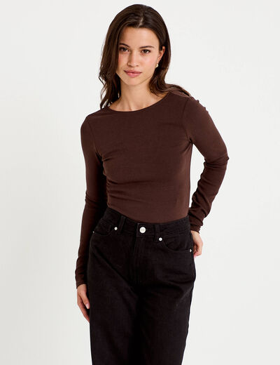 Body cintr&eacute; manches longues bateau marron fonc&eacute; femme