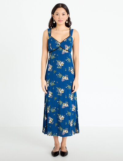 Robe longue &eacute;vas&eacute;e col coeur Bridgerton bleu fonc&eacute; femme