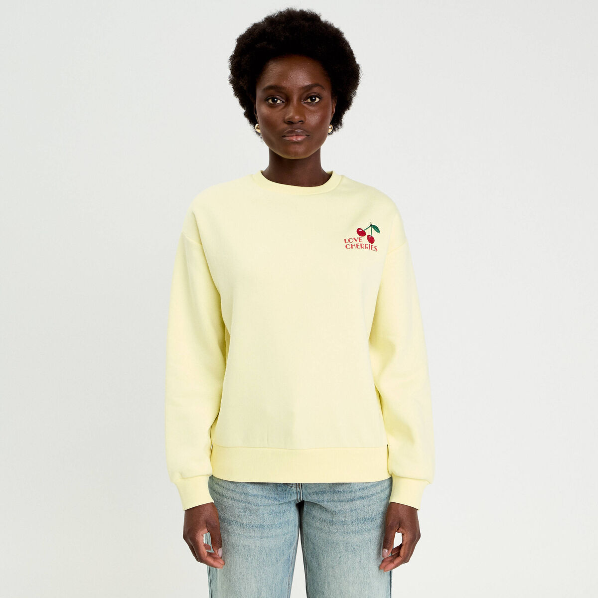 Sweat col rond manches longues jaune clair femme