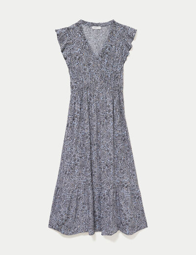 Robe longue &eacute;vas&eacute;e col v manches courtes bleu femme