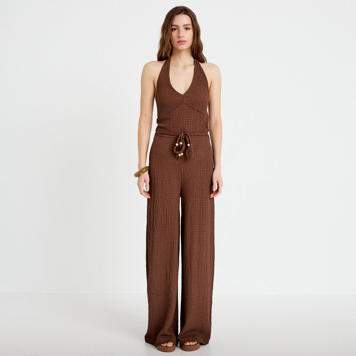 Combinaison large sans manches col v marron femme