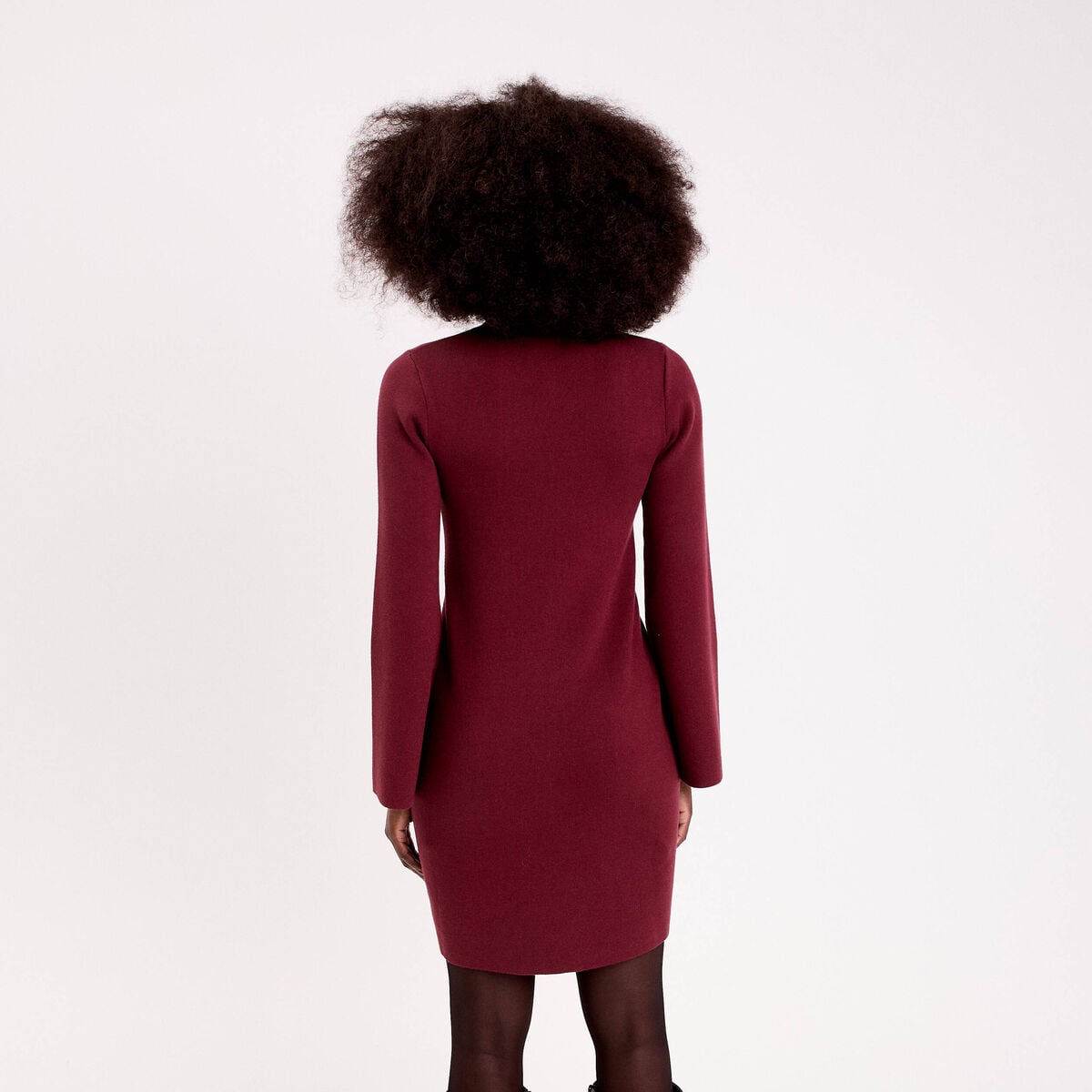 Robe manches longues col montant bordeaux femme