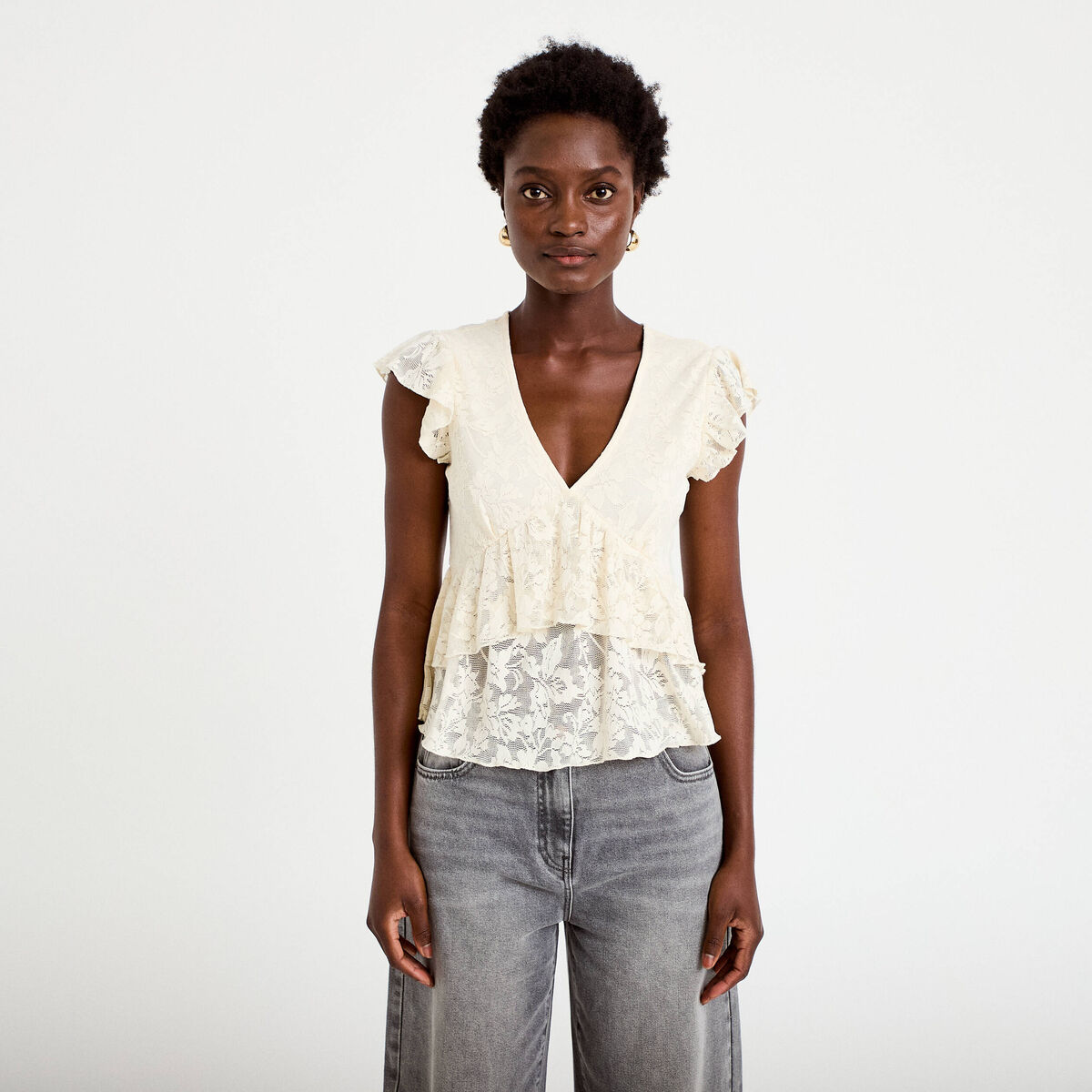 Blouse manches courtes aspect dentelle ecru femme