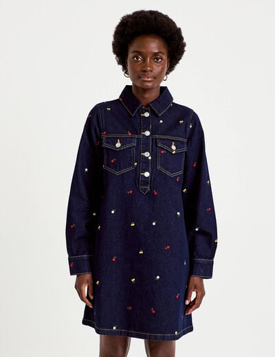 Robe courte &eacute;vas&eacute;e en jean brod&eacute;e bleu marine femme