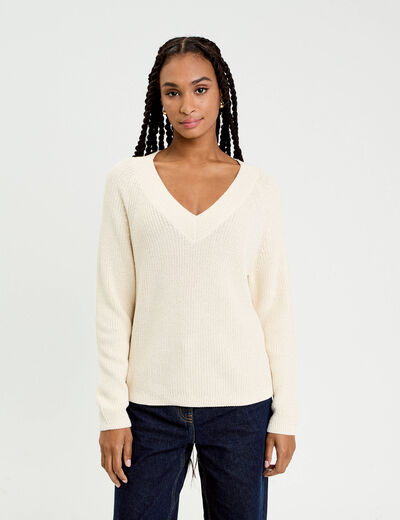 Pull col v manches longues ivoire femme