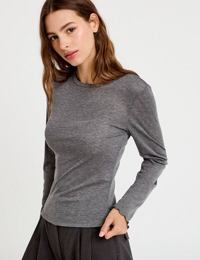 T-shirt ajust&eacute; col rond manches longues gris fonc&eacute; femme