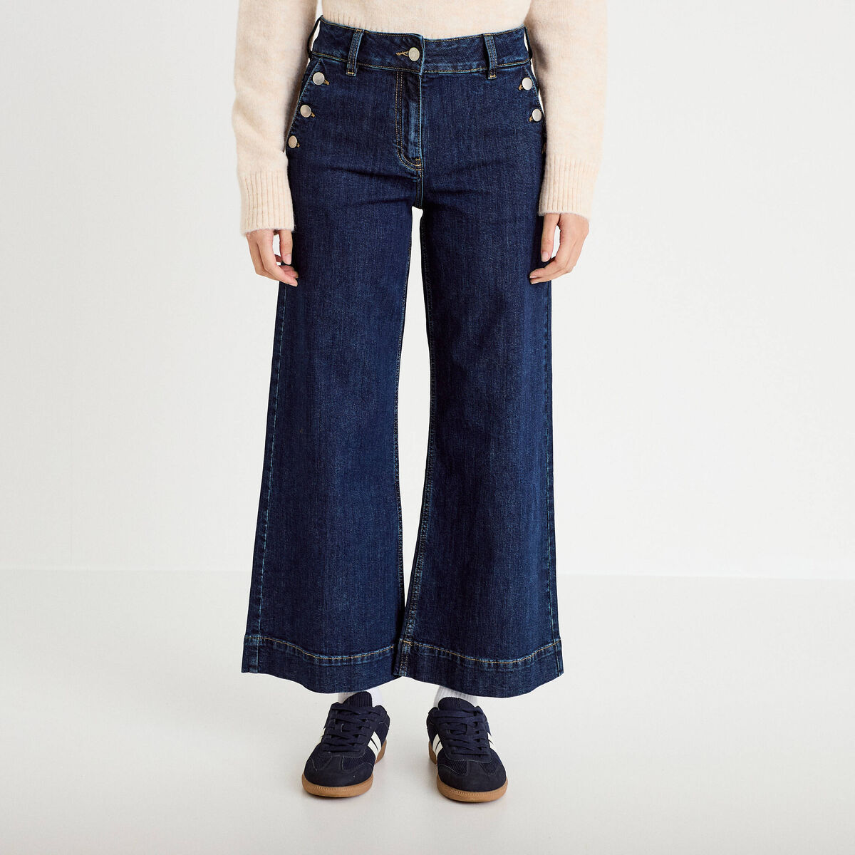 Jean wide leg cropped taille haute denim blue black femme