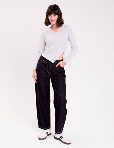 Pull duveteux col rond manches longues gris clair femme