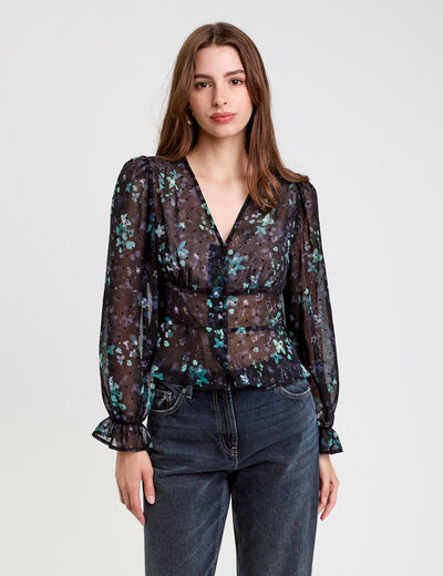 Blouse cintr&eacute;e courte en voile col V noir femme