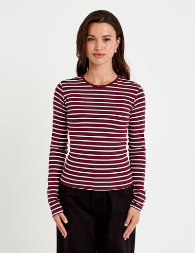 T-shirt ajust&eacute; col rond manches longues rose femme