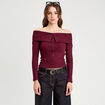 T-shirt c&ocirc;tel&eacute; col bardot violet fonc&eacute; femme