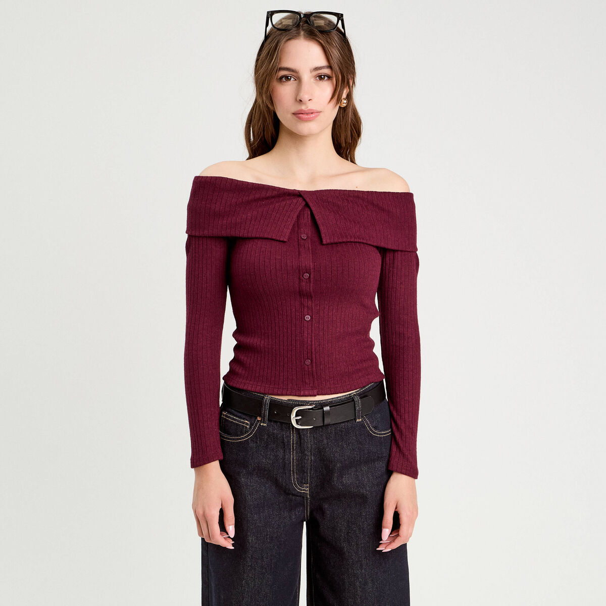 T-shirt c&ocirc;tel&eacute; col bardot violet fonc&eacute; femme